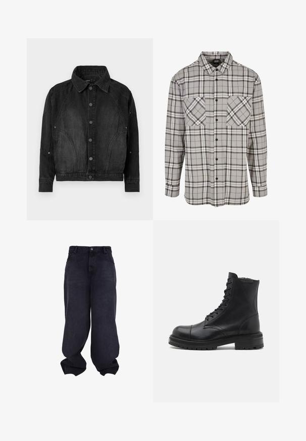 Zwarte denimjacket met knoopsluiting aan de voorkant, puntige kraag, lange mouwen en gebogen naaddetails aan de voorkant en mouwen.; Grijze geruite lange mouwen shirt gemaakt van stof met knoopsluiting, met twee borstzakken en een klassieke kraag.; Zwarte oversized baggy jeans met knoop- en ritssluiting aan de voorkant, voorzakken en losse, brede pijpen.; AllSaints HANK - Veterboots - black