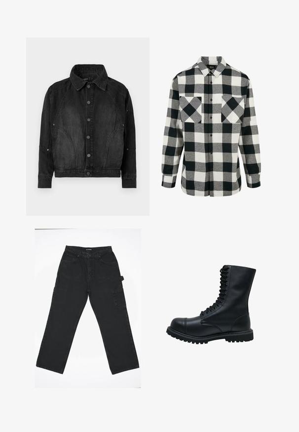 Zwarte denimjacket met knoopsluiting aan de voorkant, puntige kraag, lange mouwen en gebogen naaddetails aan de voorkant en mouwen.; Zwart-wit geruit flanellen shirt met een groot ruitpatroon, lange mouwen, een knoopsluiting aan de voorkant en twee borstzakken. Gemaakt van zachte stof.; Zwarte denim broek met een rechte pijpdesign, voorzien van een knoopsluiting aan de voorkant, achterzakken en een zijvak voor cargo.; Zwarte leren veterschoen met een ronde neus, hoge schacht, dikke rubberen zool en een gestructureerd oppervlak. Heeft versterkte stiksels langs de naden.