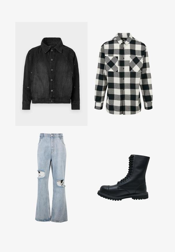 Sort denimjakke med knapper foran, spidse krave, lange ærmer og buede søm-detaljer på forsiden og ærmerne.; Sort og hvid flannel skjorte med et stort ternet mønster, lange ærmer, knaplukning foran og to brystlomme. Lavet af blødt stof.; Lyseblå cowboybukser med høj talje, vide ben og markante slidte huller på begge knæ samt flossede kanter omkring hullerne.; Sort læder snørebåndsstøvle med rund tå, høj skaft, tyk gummisål og struktureret overflade. Har forstærket syning langs sømmene.