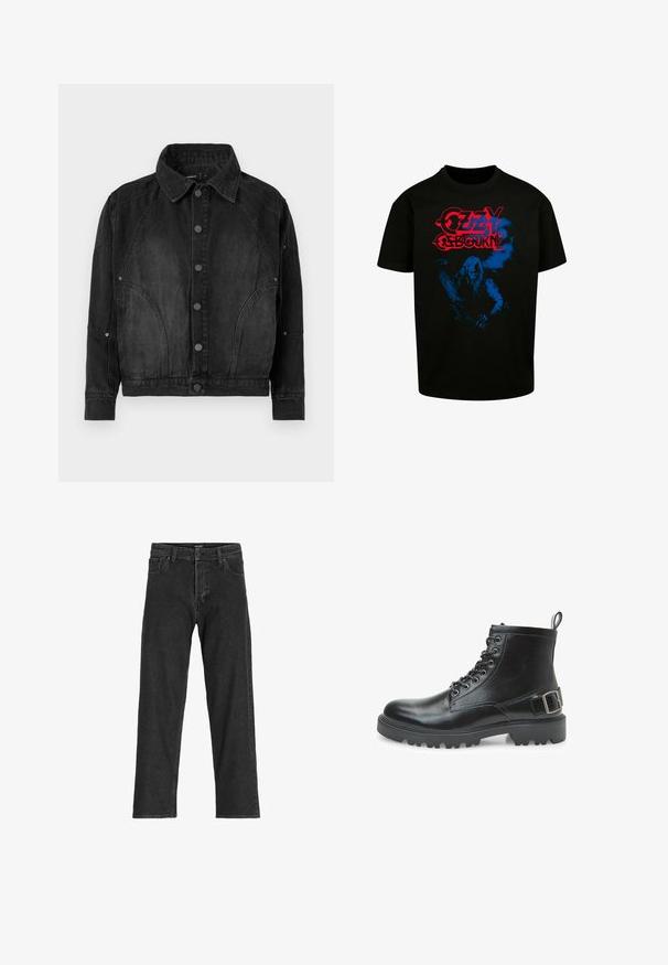 Zwarte denimjacket met knoopsluiting aan de voorkant, puntige kraag, lange mouwen en gebogen naaddetails aan de voorkant en mouwen.; Zwart katoenen T-shirt met een blauwe grafiek van een figuur en rode tekst "Ozzy Osbourne" op de voorkant. Korte mouwen en een ronde halsontwerp.; Zwarte spijkerbroek met een recht model, voorzien van een rits, riemlussen en zes zakken, gemaakt van een stevige katoenmix.; Zwarte leren combatboot met veters, metalen oogjes, robuuste zool, trekband aan de hiel en een decoratieve gesp op de zijkant.