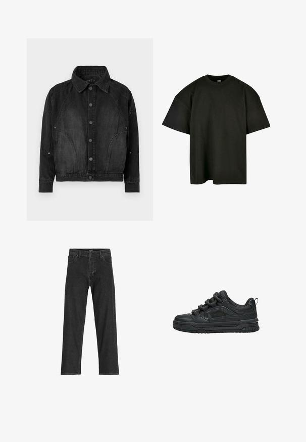 Sort denimjakke med knapper foran, spidse krave, lange ærmer og buede søm-detaljer på forsiden og ærmerne.; Sort oversized t-shirt i blød bomuld. Har en rund crew neckline og korte ærmer, med en glat tekstur og minimalistisk design.; Sorte denim jeans med lige ben-design, som har lynlås, bæltestropper og seks lommer, lavet af et robust bomuldsblandingsstof.; Sort lavtop sneaker med tyk sål, polstret krave, mesh paneler og chunky snørebånd vist mod en hvid baggrund.