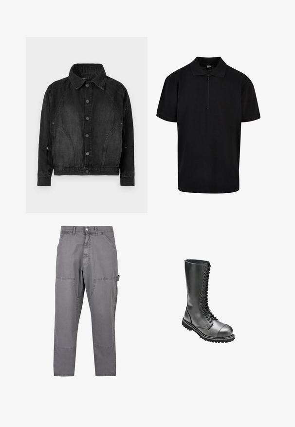 Schwarze Denimjacke mit Knopfverschluss, spitzem Kragen, langen Ärmeln und abgerundeten Nahtdetails an der Vorderseite und den Ärmeln.; Schwarz kurzärmliges Poloshirt aus Baumwolle mit einem Reißverschlusskragen und lockerer Passform, mit sauberen Kanten und ohne sichtbare Muster.; Graue Cargo-Hosen aus Baumwolle mit geradem Schnitt, seitlichen Taschen und Doppelnaht für Haltbarkeit.; Schwarze Leder-Schnürkampfstiefel mit hohem Schaft, runder Zehenpartie, gepolstertem Kragen und strukturiertem Gummisohle für besseren Halt.