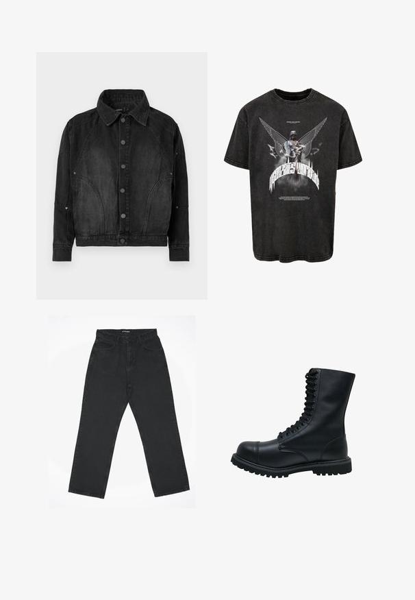 Veste en denim noir avec un devant à boutons, un col pointu, des manches longues et des coutures arrondies sur le devant et les manches.; T-shirt noir surdimensionné en denim, arborant un graphisme d'une statue avec des ailes et du texte, et une texture légèrement usée.; Jean noir à coupe droite avec cinq poches et une fermeture éclair, posé à plat sur un fond blanc, étiqueté "2Y STUDIOS" à la taille.; Bottines en cuir noir à lacets avec un bout rond, une tige haute, une semelle en caoutchouc épaisse et une surface texturée. Comprend des piqûres renforcées le long des coutures.