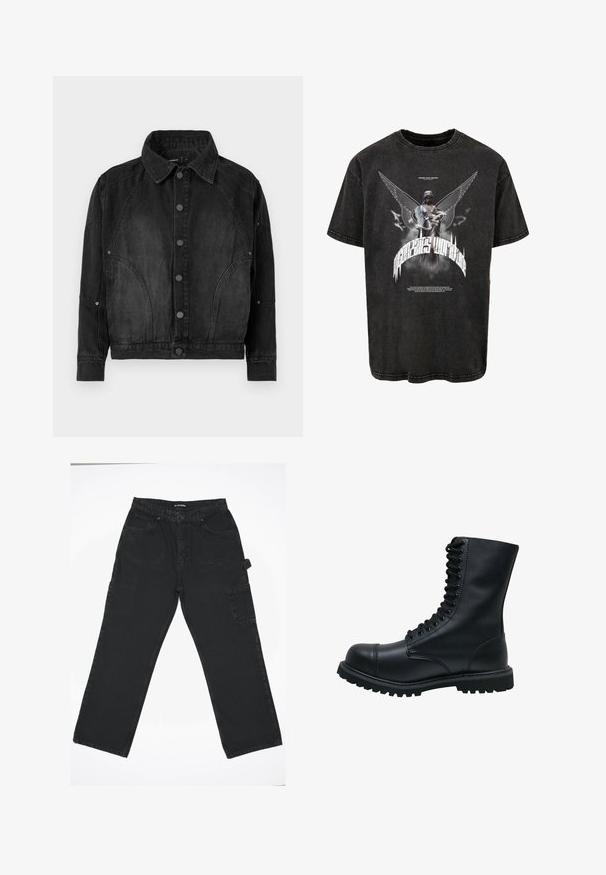 Veste en denim noir avec un devant à boutons, un col pointu, des manches longues et des coutures arrondies sur le devant et les manches.; T-shirt noir surdimensionné en denim, arborant un graphisme d'une statue avec des ailes et du texte, et une texture légèrement usée.; Pantalons en denim noir avec un design à jambe droite, présentant une fermeture à bouton à l'avant, des poches arrière et une poche cargo latérale.; Bottines en cuir noir à lacets avec un bout rond, une tige haute, une semelle en caoutchouc épaisse et une surface texturée. Comprend des piqûres renforcées le long des coutures.