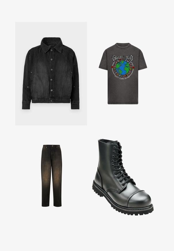 Veste en denim noir avec un devant à boutons, un col pointu, des manches longues et des coutures arrondies sur le devant et les manches.; T-shirt gris foncé avec un graphique coloré de la Terre entouré d'ours dansants, le texte "Grateful Dead" au-dessus et "Soixante ans jusqu'à présent" en dessous.; Jean en denim foncé avec une finition légèrement délavée, présentant une jambe droite, un design à cinq poches et une fermeture à bouton métallique.; Botte de combat en cuir noir avec une tige haute, bout rond, laçage sur le devant et semelle en caoutchouc robuste avec un profil de crantage profond pour une meilleure adhérence.