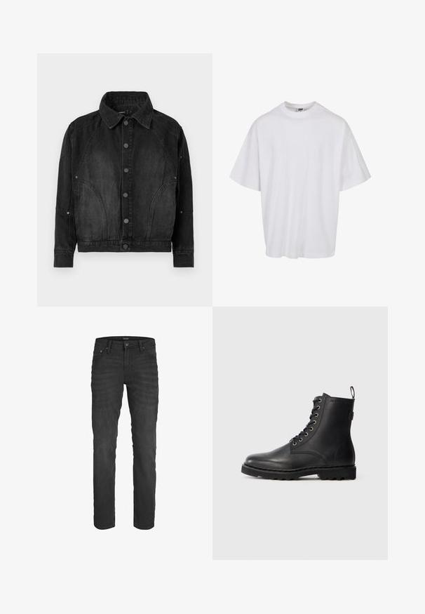 Schwarze Denimjacke mit Knopfverschluss, spitzem Kragen, langen Ärmeln und abgerundeten Nahtdetails an der Vorderseite und den Ärmeln.; Weißes Baumwoll-T-Shirt mit Rundhalsausschnitt und kurzen Ärmeln, das eine lockere Passform und dezente Nähte aufweist.; Schwarze Jeans aus Denim mit schmaler Passform, Fünf-Taschen-Design, klassischem Knopf- und Reißverschluss sowie subtiler, durchgängiger Ausbleichung.; Schwarze Lederstiefelette mit runder Zehenform, Schnürdesign und Metallösen. Verfügt über eine strukturierte Sohle und einen Zuglasche an der Ferse für einfachen Einstieg.