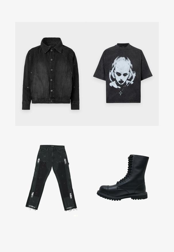 Veste en denim noir avec un devant à boutons, un col pointu, des manches longues et des coutures arrondies sur le devant et les manches.; T-shirt noir oversize avec un graphisme blanc représentant une personne chauve aux yeux foncés, rouge à lèvres, piercings et un collier avec un pendentif en forme de croix.; Jeans en denim noir avec des patches déchirés, des ourlets effilochés et des accents texturés. Taille mi-haute avec un design standard à cinq poches.; Bottines en cuir noir à lacets avec un bout rond, une tige haute, une semelle en caoutchouc épaisse et une surface texturée. Comprend des piqûres renforcées le long des coutures.