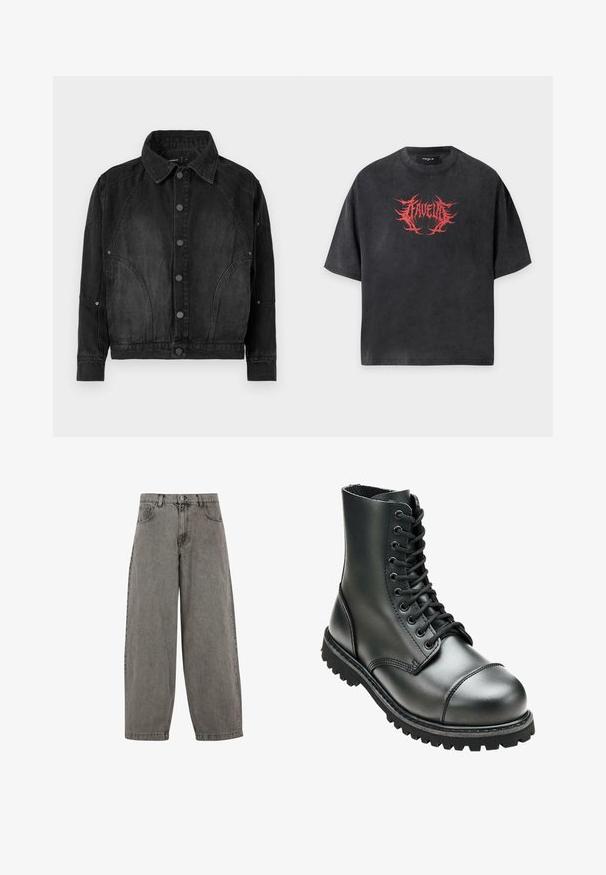 Zwarte denimjacket met knoopsluiting aan de voorkant, puntige kraag, lange mouwen en gebogen naaddetails aan de voorkant en mouwen.; Zwart oversized T-shirt met korte mouwen en rood stekelig tekstontwerp in het midden van de borst met de tekst "FAVELA".; Grijze denimbroek met een hoge taille, wijd gesneden pijpen, klassiek vijf-pocket ontwerp en een knoopsluiting aan de voorkant. Licht gestructureerde afwerking.; Zwarte leren combatboot met hoge enkel, ronde neus, vetersluiting aan de voorkant, en robuuste rubberen zool met diepe profiel voor grip.