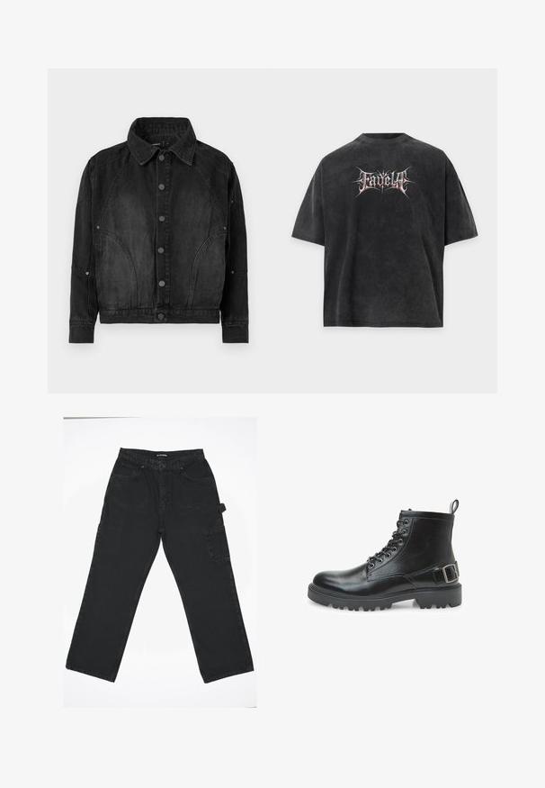 Sort denimjakke med knapper foran, spidse krave, lange ærmer og buede søm-detaljer på forsiden og ærmerne.; Sort oversized t-shirt med falmet tekstur og stiliseret hvid og rød tekst "Fadella" centreret foran.; Sorte denimbukser med lige ben-design, der har en frontknaplukning, baglommer og en sidelomme.; Sort læder kampsko med snørebånd, metaløjer, robust sål, trækstrop ved hælen og en dekorativ spænde rem på siden.