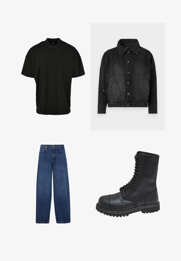 Schwarze Denimjacke mit Knopfverschluss, spitzem Kragen, langen Ärmeln und abgerundeten Nahtdetails an der Vorderseite und den Ärmeln.; Schwarzes T-Shirt mit kurzen Ärmeln und Rundhalsausschnitt, aus weichem Stoff, mit lockerer Passform und ohne sichtbare Muster oder Akzente.; Breite blaue Denim-Jeans im klassischen Fünf-Taschen-Design, Knopfverschluss und mit einer leicht ausgewaschenen Textur. Robuste Nähte.; Schwarze Lederkampfstiefel mit hohem Schaft, Schnürung an der Vorderseite, gepolstertem Kragen und rutschfester, strukturierter Sohle für guten Halt. Mit verstärkter Zehenkappe.