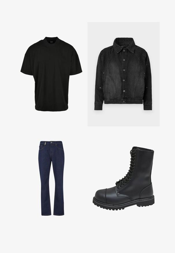 Chaqueta de mezclilla negra con cierre de botones, cuello puntiagudo, mangas largas y detalles de costura curvada en el frente y las mangas.; Camiseta de manga corta negra con diseño de cuello redondo, hecha de tela suave, que presenta un ajuste relajado y sin patrones o acentos visibles.; Vaqueros de mezclilla de pierna recta en azul oscuro, con botón y cremallera delanteros, que cuentan con bolsillos delanteros y traseros y detalles visibles de costura.; Bota de combate de cuero negro con caña alta, parte frontal con cordones, cuello acolchado y suela texturizada resistente para un buen agarre. Presenta una puntera reforzada.