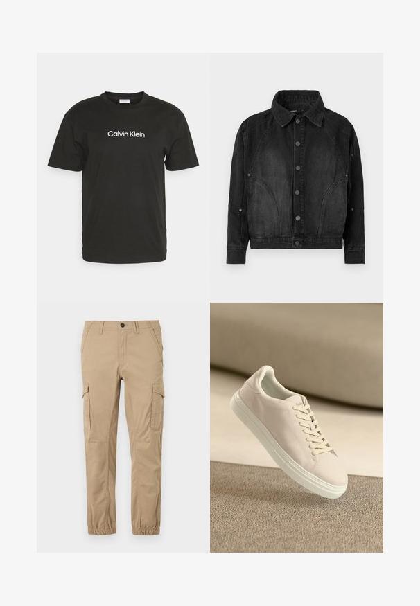 Sort denimjakke med knapper foran, spidse krave, lange ærmer og buede søm-detaljer på forsiden og ærmerne.; Sort bomulds T-shirt med rund hals og korte ærmer, med "Calvin Klein" logo i hvidt trykt på forsiden.; Beige cargobukser med elastiske manchetter, klaplommer på lårene, sidelommer og knaplukning ved taljen.; Beige ruskinds sneakers med hvid sål og snørebånd, vist svævende over tekstureret beige tæppe mod en blød beige baggrund.