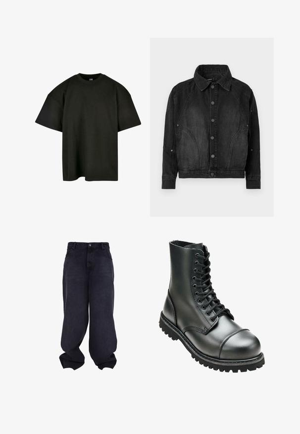 Chaqueta de mezclilla negra con cierre de botones, cuello puntiagudo, mangas largas y detalles de costura curvada en el frente y las mangas.; Camiseta negra de corte oversized en suave algodón. Presenta un cuello redondo y mangas cortas, con una textura suave y un diseño minimalista.; Vaqueros negros oversize y holgados con cierre delantero de botón y cremallera, bolsillos frontales y perneras anchas y sueltas.; Bota de combate de cuero negro con tobillo alto, punta redonda, cordones en la parte delantera y suela de goma resistente con un dibujo profundo para mayor tracción.