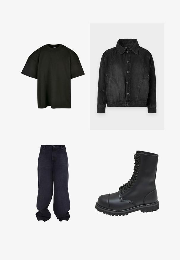 Chaqueta de mezclilla negra con cierre de botones, cuello puntiagudo, mangas largas y detalles de costura curvada en el frente y las mangas.; Camiseta negra de corte oversized en suave algodón. Presenta un cuello redondo y mangas cortas, con una textura suave y un diseño minimalista.; Vaqueros negros oversize y holgados con cierre delantero de botón y cremallera, bolsillos frontales y perneras anchas y sueltas.; Bota de combate de cuero negro con caña alta, parte frontal con cordones, cuello acolchado y suela texturizada resistente para un buen agarre. Presenta una puntera reforzada.