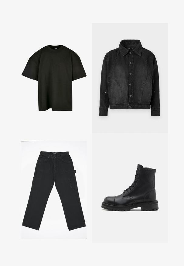 Zwarte denimjacket met knoopsluiting aan de voorkant, puntige kraag, lange mouwen en gebogen naaddetails aan de voorkant en mouwen.; Zwart oversized t-shirt van zachte katoen. Heeft een ronde ronde halslijn en korte mouwen, met een zachte textuur en een minimalistisch ontwerp.; Zwarte denim broek met een rechte pijpdesign, voorzien van een knoopsluiting aan de voorkant, achterzakken en een zijvak voor cargo.; AllSaints HANK - Veterboots - black