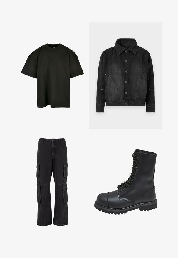 Chaqueta de mezclilla negra con cierre de botones, cuello puntiagudo, mangas largas y detalles de costura curvada en el frente y las mangas.; Camiseta negra de corte oversized en suave algodón. Presenta un cuello redondo y mangas cortas, con una textura suave y un diseño minimalista.; Pantalones cargo negros de mezclilla, con un corte holgado, múltiples bolsillos laterales y detalles de costura. La textura está ligeramente descolorida.; Bota de combate de cuero negro con caña alta, parte frontal con cordones, cuello acolchado y suela texturizada resistente para un buen agarre. Presenta una puntera reforzada.