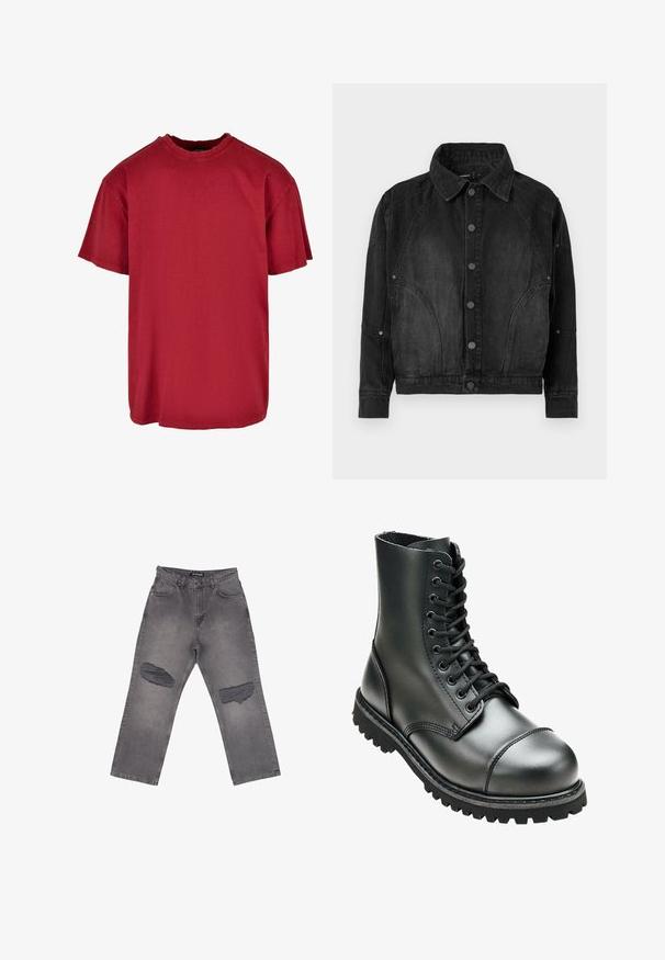 Chaqueta de mezclilla negra con cierre de botones, cuello puntiagudo, mangas largas y detalles de costura curvada en el frente y las mangas.; Camiseta de algodón roja con un corte relajado, mangas cortas, cuello redondo y detalles desgastados cerca de los hombros. Sin logotipos visibles.; Vaqueros de mezclilla gris de cintura alta con piernas anchas y grandes parches desgastados en ambas rodillas, con bolsillos delanteros y trabillas para el cinturón.; Bota de combate de cuero negro con tobillo alto, punta redonda, cordones en la parte delantera y suela de goma resistente con un dibujo profundo para mayor tracción.