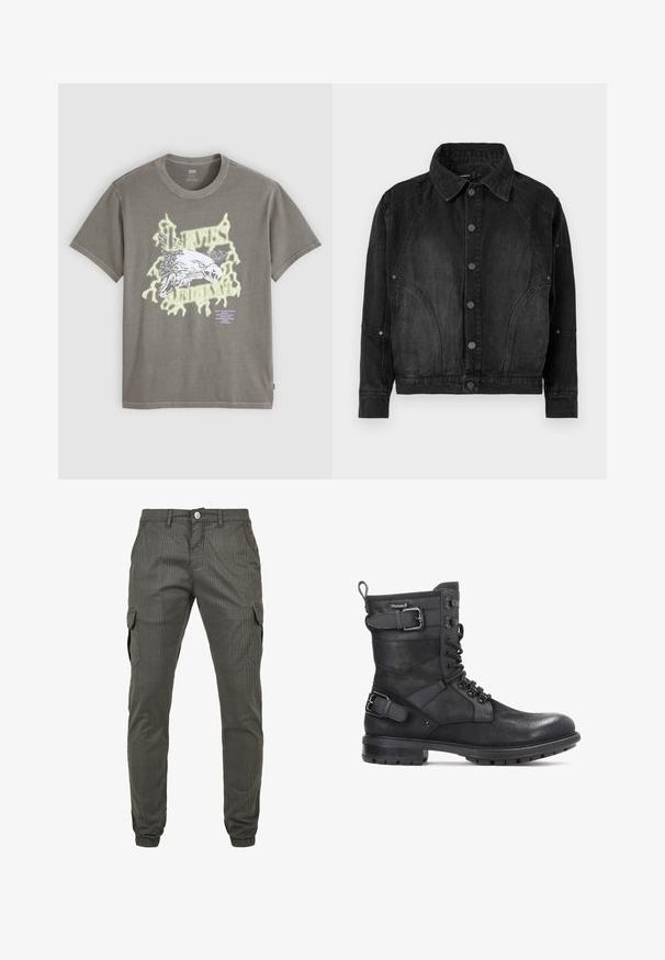 Zwarte denimjacket met knoopsluiting aan de voorkant, puntige kraag, lange mouwen en gebogen naaddetails aan de voorkant en mouwen.; Grijze katoenen t-shirt met een grote witte en neon grafiek van een adelaar met tekst. Korte mouwen en een ronde hals.; Olijfgroene cargobroek met een ruitpatroon, voorzien van zijzakken, een knoopsluiting en elastische boorden bij de enkels.; Kazar HEARD - Cowboy-/Bikerlaarsjes - black