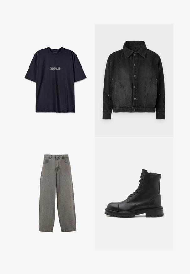 Schwarze Denimjacke mit Knopfverschluss, spitzem Kragen, langen Ärmeln und abgerundeten Nahtdetails an der Vorderseite und den Ärmeln.; Schwarzes Baumwoll-T-Shirt mit Rundhalsausschnitt, auf der Vorderseite mit einem weißen Drucklogo "Pescador Club" und "Scent of Summer" versehen. Kurze Ärmel.; Graue Jeanshose mit hoher Taille, weitem Bein, klassischem Fünf-Taschen-Design und Knopfverschluss vorne. Leicht strukturierte Oberfläche.; AllSaints HANK - Schnürstiefelette - black