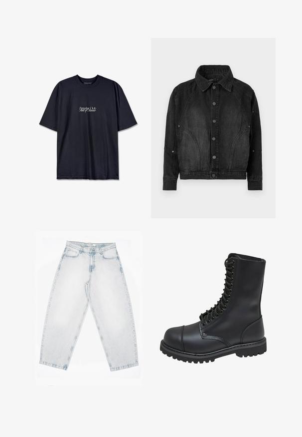 Schwarze Denimjacke mit Knopfverschluss, spitzem Kragen, langen Ärmeln und abgerundeten Nahtdetails an der Vorderseite und den Ärmeln.; Schwarzes Baumwoll-T-Shirt mit Rundhalsausschnitt, auf der Vorderseite mit einem weißen Drucklogo "Pescador Club" und "Scent of Summer" versehen. Kurze Ärmel.; Hellblaue Jeans aus Denim mit hoher Taille, geraden, weiten Beinen, Knopf- und Reißverschluss sowie vorderen und hinteren Taschen.; Schwarze Lederkampfstiefel mit hohem Schaft, Schnürung an der Vorderseite, gepolstertem Kragen und rutschfester, strukturierter Sohle für guten Halt. Mit verstärkter Zehenkappe.