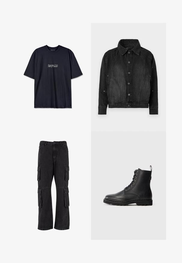 Zwarte denimjacket met knoopsluiting aan de voorkant, puntige kraag, lange mouwen en gebogen naaddetails aan de voorkant en mouwen.; Zwarte katoenen t-shirt met een ronde hals, voorzien van een witte bedrukte logo "Pescador Club" en "Scent of Summer" op de voorkant. Korte mouwen.; Zwarte cargobroek van denim, met een losse pasvorm, meerdere zijzakken en gestikte details. De textuur is iets vervaagd.; Zwarte leren enkellaars met ronde neus, vetersluiting en metalen oogjes. Beschikt over een gestructureerde zool en een trekstrip aan de hiel voor gemakkelijk aan- en uittrekken.