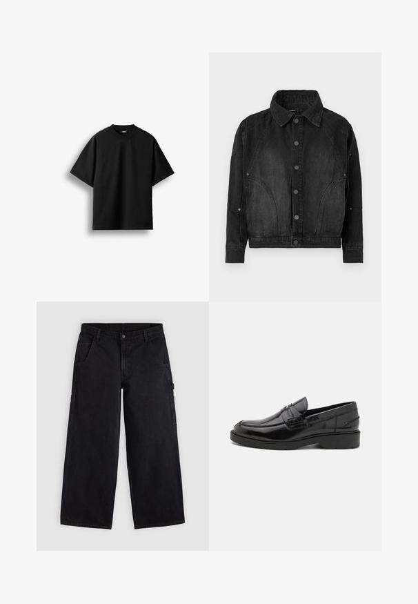 Veste en denim noir avec un devant à boutons, un col pointu, des manches longues et des coutures arrondies sur le devant et les manches.; T-shirt noir à manches courtes et col rond, présenté à plat sur un fond blanc avec une petite étiquette visible au niveau du col.; Pantalon de travail noir à jambes larges avec passants de ceinture, poches avant et fermeture par bouton, présenté sur un fond clair uni.; Mocassins en cuir noir avec une finition lisse, un bout rond, un petit talon et descoutures décoratives à l'avant. Semelle en caoutchouc pour l'adhérence.