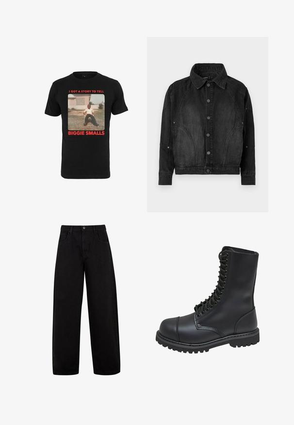 Schwarze Denimjacke mit Knopfverschluss, spitzem Kragen, langen Ärmeln und abgerundeten Nahtdetails an der Vorderseite und den Ärmeln.; Schwarzes Baumwoll-T-Shirt mit einem Vintage-Foto und rotem Text, der unter dem Bild "ICH HABE EINE GESCHICHTE ZU ERZÄHLEN BIGGIE SMALLS" lautet.; Schwarze weite Jeans aus Denim, mit Fronttaschen, einem Knopfverschluss und einem klaren, minimalistischen Design ohne sichtbare Muster.; Schwarze Lederkampfstiefel mit hohem Schaft, Schnürung an der Vorderseite, gepolstertem Kragen und rutschfester, strukturierter Sohle für guten Halt. Mit verstärkter Zehenkappe.