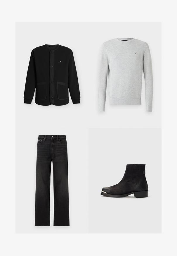 Sort langærmet jakke med rund halsudskæring, trykknaplukning foran, to forlommer og lille rektangulært logo i rød, hvid og blå på brystet.; Lys grå langærmet crewneck sweater med subtilt struktureret mønster og lille rød, hvid og blå logo på venstre bryst.; Sorte jeans med lige ben, fem-lomme design, bæltestropper og knaplukning, vist på en hvid baggrund.; Sort ankelstøvle med ruskind og lædermaterialer, rund tå, lille hæl, sølvmetallic accent på tåen og elastiske sider.