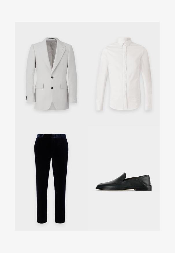 Lys grå linnedragtjakke med notched lapel, to knapper, to forlommer og sorte knapdetaljer. Glat tekstur over det hele.; Langærmet hvid skjorte lavet af glat bomuld, med klassisk krave, knaplukning foran og buet kant, samt diskret broderet logo-detalje.; Mørkeblå velourbukser med flad front, bæltestropper og en slim-fit design. Den glatte tekstur og subtile glans forbedrer udseendet.; Sort læder slip-on loafer med lav hæl og rundet tå, vist på en simpel hvid baggrund.