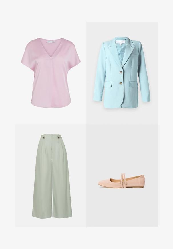 Blazer de mujer color azul claro con solapa, dos botones frontales, bolsillos de solapa y un bolsillo en el pecho, exhibido sobre fondo blanco.; Blusa rosa claro de manga corta con escote en V y corte suelto, hecha de tela suave, con un pequeño detalle de pliegue en la parte delantera.; Pantalones de pierna ancha en verde claro con pliegues, cintura alta y dos botones como acentos. Elaborados en una tela suave con un acabado limpio.; Bailarinas de charol rosa pálido con punta afilada, que presentan dos correas ajustables y una suela de goma baja y plana.
