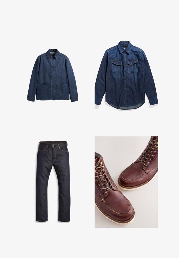 Dunkelblaue Jeansjacke mit Kragen, Knopfleiste vorne, zwei unteren Taschen, einer Brusttasche und geknöpften Manschetten.; Dunkelblaue Jeanshemd mit langen Ärmeln, einem Kragen, zwei vorderen Taschen mit Klappen und Knopfverschluss entlang der vorderen Leiste.; Dunkelblaue Jeans aus Denim mit geradem Schnitt, Fünf-Taschen-Design, metallischen Komponenten und kontrastierenden orangen Nähten. Glatte Textur, keine sichtbaren Muster.; Braune Lederstiefel mit einer glatten Oberfläche, ausgestattet mit Metallösen, grauen Schnürsenkeln und einer cremefarbenen Gummisohle. Nahtdetail entlang der Kanten.