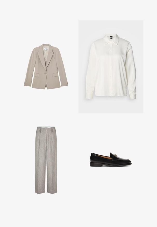 Blazer beige entallado con un botón, solapas con muesca, dos bolsillos con tapeta, bolsillo en el pecho y puños con botones, mostrado plano sobre fondo blanco.; Camisa blanca de manga larga confeccionada en tela lisa, con cuello clásico, cierre frontal de botones y puños abotonados, con un corte relajado.; Second Female JUN - Pantalones - trench coat; Mocasín de cuero negro con punta redondeada, silueta esbelta y una correa decorativa con acento de hardware en la parte superior. Suela plana de goma.