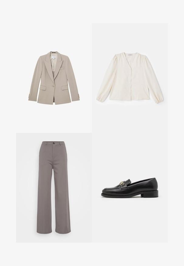 Beige enkeltknappet skræddersyet blazer med hakkede revers, to klaplommer, brystlomme og knapmanchetter, vist fladt på en hvid baggrund.; Elfenbensfarvet bluse med lange puffede ærmer, V-halsudskæring og knaplukning foran. Glat stof, der har en løs pasform og samlede skuldersømme.; Bredde bukser i et blødt gråt stof. Har en knaplukning og rene sømme. Glat tekstur uden synlige mønstre eller udsmykninger.; Sort læder loafer med en lav blokhæl, der har en guldfarvet hardwaredetalje og detaljeret syning langs tåen og overdelen.