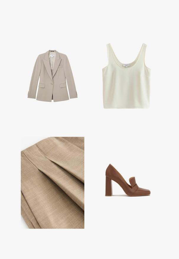 Blazer beige entallado con un botón, solapas con muesca, dos bolsillos con tapeta, bolsillo en el pecho y puños con botones, mostrado plano sobre fondo blanco.; Top corto sin mangas de color crema con tirantes anchos y escote redondo, hecho de tela suave.; Tela plisada color beige que muestra una textura suave con un sutil patrón de tejido, destacando los detalles de la costura y un diseño ligero.; Zapato de tacón alto de cuero marrón con punta cuadrada y una correa ancha en la parte frontal. El tacón es de forma rectangular y sólido.