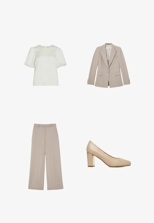 Blazer beige entallado con un botón, solapas con muesca, dos bolsillos con tapeta, bolsillo en el pecho y puños con botones, mostrado plano sobre fondo blanco.; Blusa blanca de manga corta con cuello redondo y mangas abullonadas, que presenta un cierre de botones en la parte posterior.; Pantalones beige de pierna ancha con trabillas para el cinturón, bolsillos delanteros y una raya en el centro de cada pierna.; Zapato de mujer de piel beige con puntera redondeada y tacón ancho con un detalle metálico dorado.
