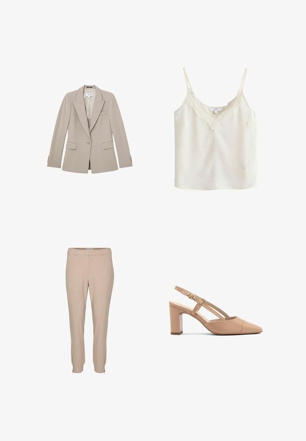 Blazer beige entallado con un botón, solapas con muesca, dos bolsillos con tapeta, bolsillo en el pecho y puños con botones, mostrado plano sobre fondo blanco.; Camisola sin mangas color crema con tirantes finos y ribete de encaje a lo largo del escote en V, mostrada sobre un fondo liso.; Pantalones beige ajustados y entallados, con bolsillos laterales y detalles de cremallera en el dobladillo, hechos de una tela suave y ligera.; Tacones de slingback de cuero beige con punta afilada, tacón cuadrado y correa con un pequeño hebilla dorada. Textura suave, diseño minimalista.