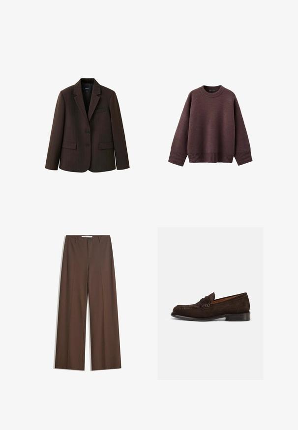 Blazer marron foncé à fines rayures, avec deux boutons, revers en encoche et poches à rabats, présenté sur fond blanc.; Pull ample de couleur bordeaux foncé, en tissu tricoté doux. Il présente un col rond côtelé, de larges manches et un ourlet côtelé.; Pantalons larges marron avec une texture lisse, des plis à l'avant, une fermeture à bouton et deux poches latérales. Conçus pour le confort et la polyvalence.; Mocassin en daim marron avec un bout rond, une couture décorative et un petit talon noir. Intérieur lisse pour le confort.