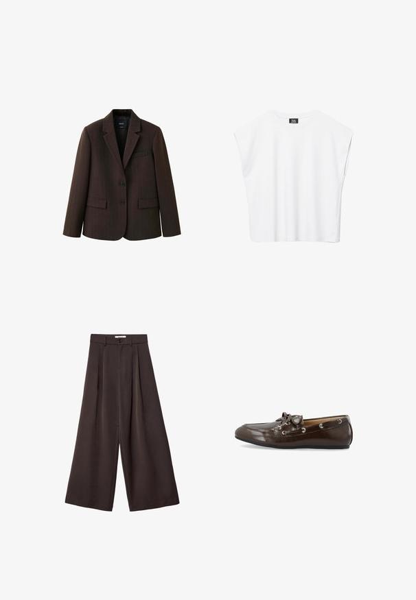 Blazer marron foncé à fines rayures, avec deux boutons, revers en encoche et poches à rabats, présenté sur fond blanc.; Haut court blanc sans manches à encolure ronde avec épaules larges et étiquette noire "B6" à l'intérieur du col.; Pantalon à jambes larges en tissu brun foncé, avec des plis, une fermeture par bouton, et une texture lisse ; longueur cheville avec une coupe ajustée.; Bateau en cuir brun avec un design à lacets et œillets en métal argenté, profil bas, bout arrondi et finition lisse.