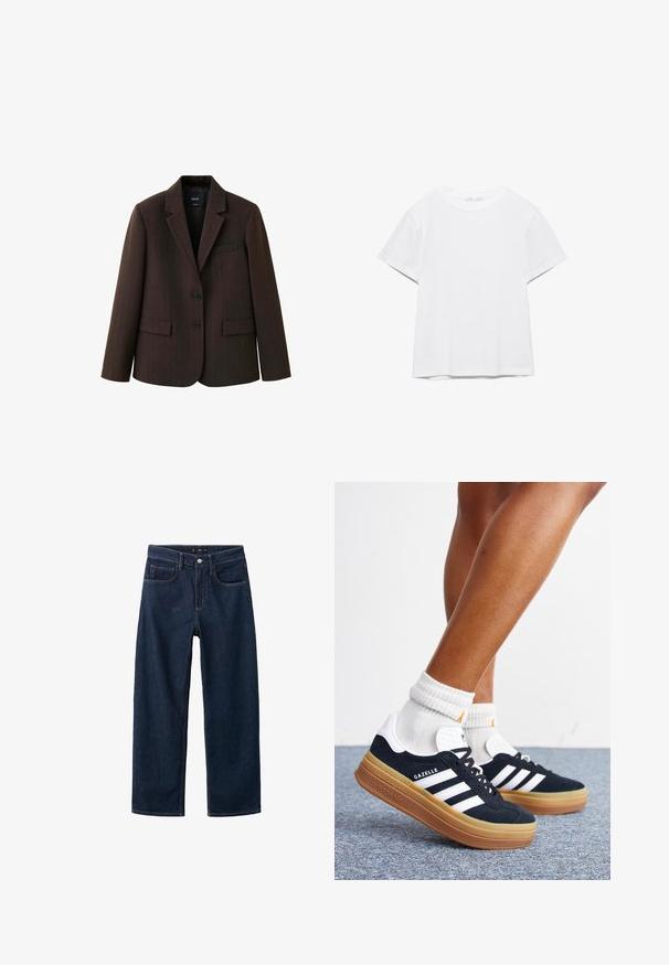 Mørkebrunt blazer med smalle striber, to knapper, skrå kraver og klaplommer, vist mod en hvid baggrund.; Hvid, kortærmet T-shirt med rund hals og lige kant, vist på en hvid baggrund.; Mørkeblå denim jeans med et lige ben-design, der har en klassisk fem-pockets stil, synlig syning og en knaplukning i taljen.; Ben iført hvide sokker og sorte Adidas Gazelle sneakers med hvide striber og tykke brune såler på et gråt tæppe.