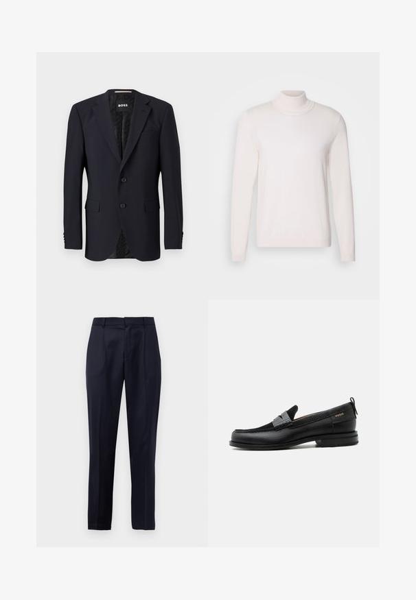 Marineblauer Blazer aus strukturiertem Stoff, mit einer Zwei-Knopf-Verschluss, Reverskragen und zwei vorderen Taschen. Gefüttertes Innenfutter mit Muster.; Helles rosa Rollkragenpullover mit langen Ärmeln, weichem Stoff, geripptem Kragen und Bündchen, im klassischen, figurbetonten Design.; Navyblaue maßgeschneiderte Anzughose mit Frontfalten, Gürtelschlaufen und konischem Beinansatz vor einem weißen Hintergrund.; Schwarzer Lederloafer mit grauem Riemendetail, niedrigem Absatz und strukturierter Sohle, seitlich mit „HUGO“ in Gold gebrandmarkt.
