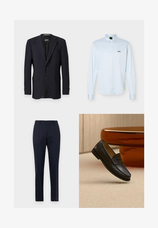 Blazer azul marino hecho de tejido texturizado, con cierre de dos botones, solapas con muesca y dos bolsillos frontales. Interior forrado con un patrón.; Camisa azul claro de manga larga con botones y cuello, logo negro "BOSS" en el lado izquierdo del pecho y puños con botones.; Pantalones de vestir para hombre en azul marino, ajustados, con un sutil patrón de cuadros, pasadores para cinturón y pliegue frontal, exhibidos de frente sobre fondo blanco.; Zapato mocasín de cuero negro suspendido sobre una alfombra beige con muebles modernos de color ámbar en el fondo.