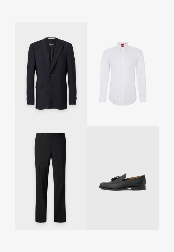 Marineblauwe blazer van textuurstof, met een sluiting met twee knopen, geknipte revers en twee voorzakken. Gevoerde binnenkant met patroon.; Witte langemouwen blouse met een geknoopt kraagje, voorzien van een knoopsluiting aan de voorkant en zachte, gladde stof. Geen patronen of accenten zichtbaar.; Zwarte op maat gemaakte broek met een rechte pijp ontwerp, voorzien van een gladde textuur, geplooide voorkant en een klassieke tailleband voor een formele uitstraling.; Zwarte leren herenslof met kwastjes, ronde neus, lage hak en trekkoord aan de achterkant, zijaanzicht op lichtgrijze achtergrond.