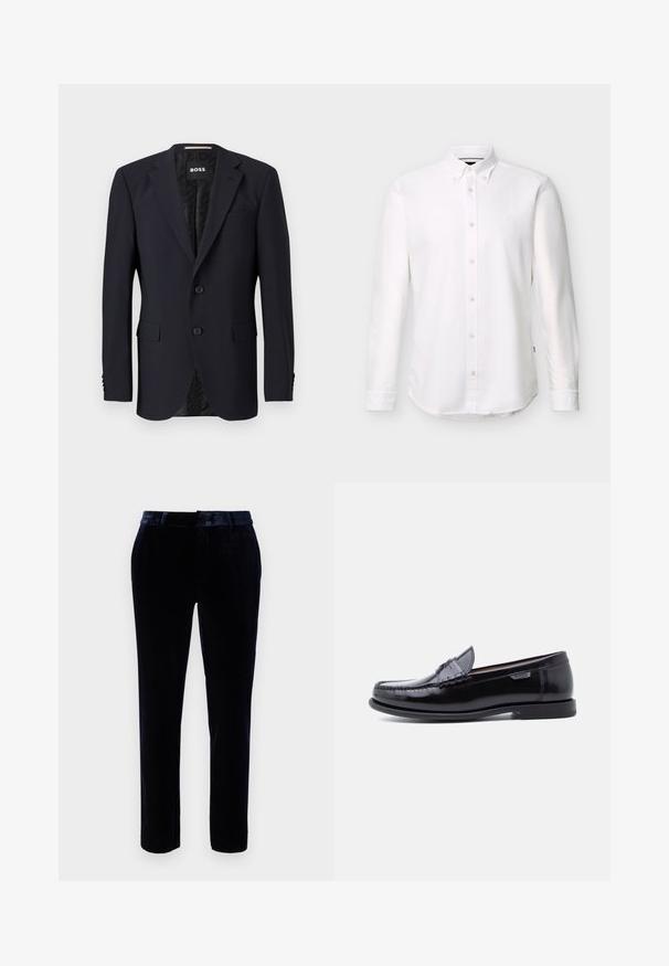 Blazer azul marino hecho de tejido texturizado, con cierre de dos botones, solapas con muesca y dos bolsillos frontales. Interior forrado con un patrón.; Camisa blanca de manga larga con botones, cuello abotonado y pequeño logo bordado en el pecho izquierdo.; Pantalones de terciopelo azul oscuro con un frente plano, presillas para cinturón y un diseño ajustado. La textura suave y el brillo sutil mejoran la apariencia.; Mocasines de cuero negro con acabado brillante, que presentan un diseño cosido en la puntera y una suela baja de goma negra texturizada.