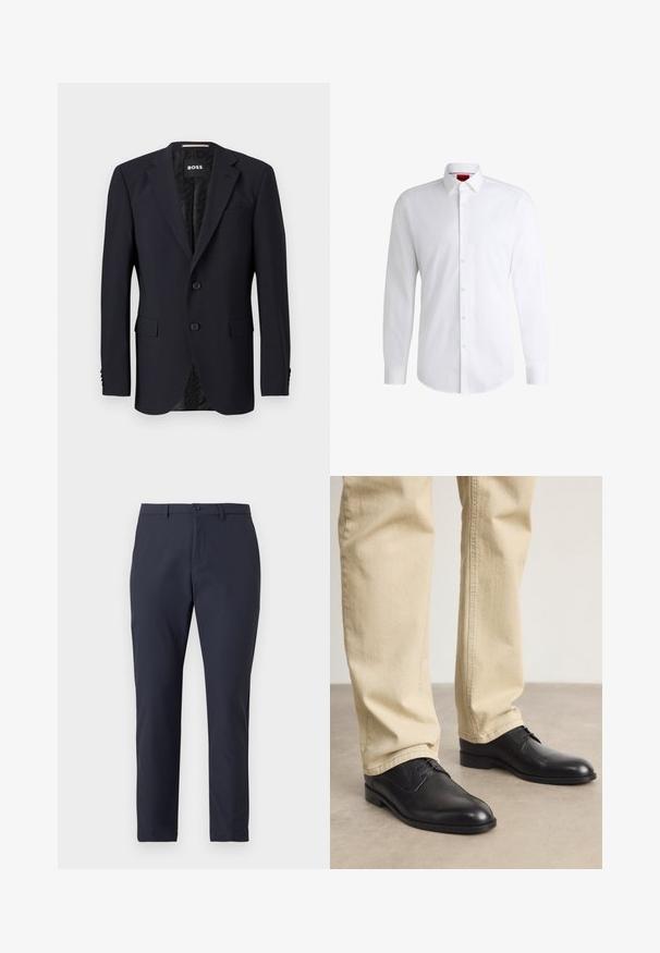 Marineblå blazer lavet af tekstureret stof, med en to-knaps lukning, klippede revers og to frontlommer. Foring med mønster.; Hvid skjorte med knapper lavet af glat stof med klassisk krave, lange ærmer og rundet kant. Har beige knapper foran.; Mørkeblå letvægtsbukser med slankt design, der har knaplukning, bæltestropper og en glat tekstur. Skræddersyet pasform.; Sorte læder snørebåndssko med rund tå, glat finish og diskrete syninger, båret med lyse beige bukser.