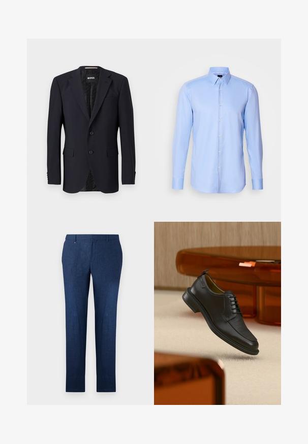 Blazer bleu marine en tissu texturé, avec une fermeture à deux boutons, des revers crantés et deux poches avant. Intérieur doublé avec un motif.; Chemise à manches longues bleu clair, boutonnée, en tissu texturé avec un col pointu et une fermeture classique à boutons à l'avant.; Pantalon bleu marine en tissu texturé, avec des jambes droites et un design à plat classique. Pas de motifs ou d'accents visibles.; Chaussure habillée noire en cuir à lacets avec devant texturé, flottant au-dessus d'un tapis beige dans une pièce moderne avec des meubles teintés d'ambre.