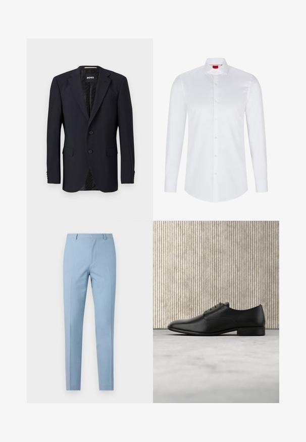 Blazer azul marino hecho de tejido texturizado, con cierre de dos botones, solapas con muesca y dos bolsillos frontales. Interior forrado con un patrón.; Camisa blanca de manga larga con botones, hecha de algodón suave. Presenta un cuello clásico, una botonera completa y un dobladillo redondeado.; Pantalones azul claro a medida con un corte ajustado, textura suave, pliegue al frente, cintura ajustada y lazos para cinturón. Sin bolsillos visibles.; Zapato de vestir de cuero negro con un diseño elegante, punta redonda, cinco ojales para los cordones y un pequeño tacón elevado. Detalle de logo sutilmente embossado.