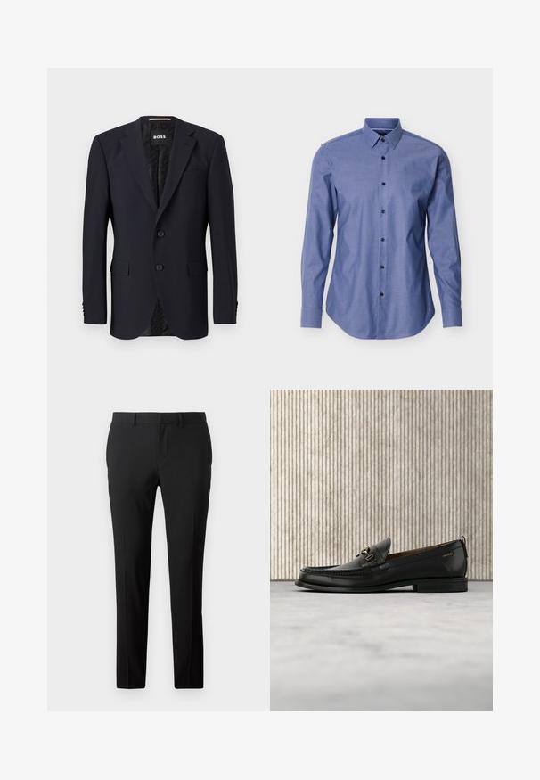 Marineblauer Blazer aus strukturiertem Stoff, mit einer Zwei-Knopf-Verschluss, Reverskragen und zwei vorderen Taschen. Gefüttertes Innenfutter mit Muster.; Langarm-Blaues Hemd mit spitzem Kragen und schwarzen Knöpfen vorne, vor weißem Hintergrund dargestellt.; Maßgeschneiderte schwarze Hose aus glattem Stoff. Sie verfügt über ein gerades Bein, Vorderfalten und Gürtelschlaufen für eine anpassbare Größe.; Schwarzer Lederloafer mit goldfarbenem Metallbit und "HUGO"-Markenlogo, präsentiert vor einem beigen Teppich und braunen durchsichtigen Möbelstücken.