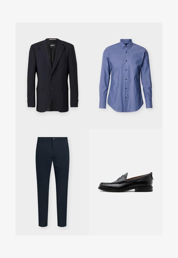 Blazer azul marino hecho de tejido texturizado, con cierre de dos botones, solapas con muesca y dos bolsillos frontales. Interior forrado con un patrón.; Camisa azul de manga larga con cuello puntiagudo y botones negros en la parte delantera, exhibida sobre un fondo blanco.; Pantalones de hombre azul marino de corte slim con cierre frontal de botón y cremallera, trabillas para cinturón y diseño minimalista.; Mocasín de hombre de piel negra con costura moc toe, tira penny, cuello texturizado y tacón bajo apilado sobre fondo blanco.