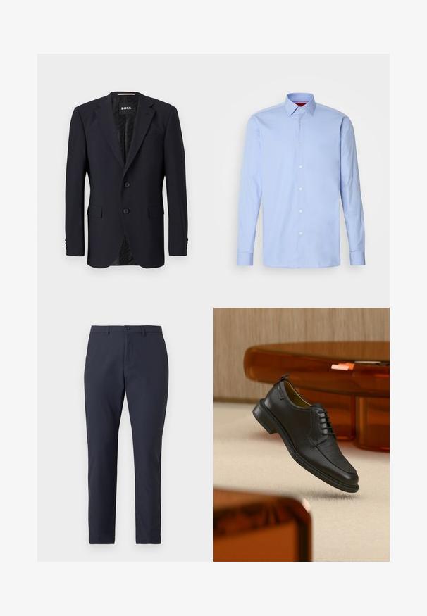 Marineblauer Blazer aus strukturiertem Stoff, mit einer Zwei-Knopf-Verschluss, Reverskragen und zwei vorderen Taschen. Gefüttertes Innenfutter mit Muster.; Hellblaues langärmliges Hemd aus Baumwolle mit klassischem Kragen und Knopfleiste mit weißen Knöpfen. Glatte Textur.; Dunkelblaue, leichte Hose mit einem schlanken Design, ausgestattet mit einem Knopfverschluss, Gürtelschlaufen und einer glatten Textur. Taillierte Passform.; Schwarzer Leder-Schnürschuh mit texturierter Vorderseite, schwebend über beigem Teppich in einem modernen Raum mit bernsteinfarbenen Möbeln.