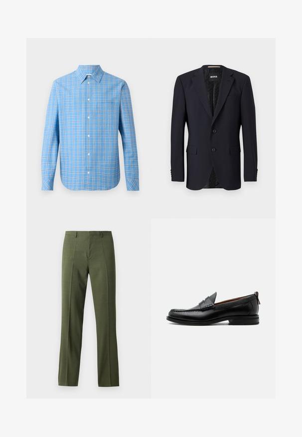 Blazer bleu marine en tissu texturé, avec une fermeture à deux boutons, des revers crantés et deux poches avant. Intérieur doublé avec un motif.; Chemise à carreaux bleu clair à manches longues, col classique et poche poitrine unique. Présente des accents de grille blancs et noirs.; Pantalons ajustés olive en vert, présentant une texture lisse, une coupe droite et un pli avant, conçus pour des occasions formelles ou semi-formelles.; Mocassin homme en cuir noir avec couture moc toe, bride penny, col texturé et petit talon empilé sur fond blanc.